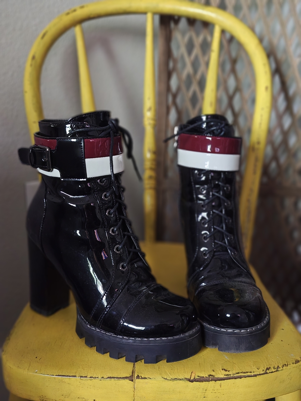 Azalea Wang Women's Black Patent Lace-Up Ankle Boots with Red & White Accent